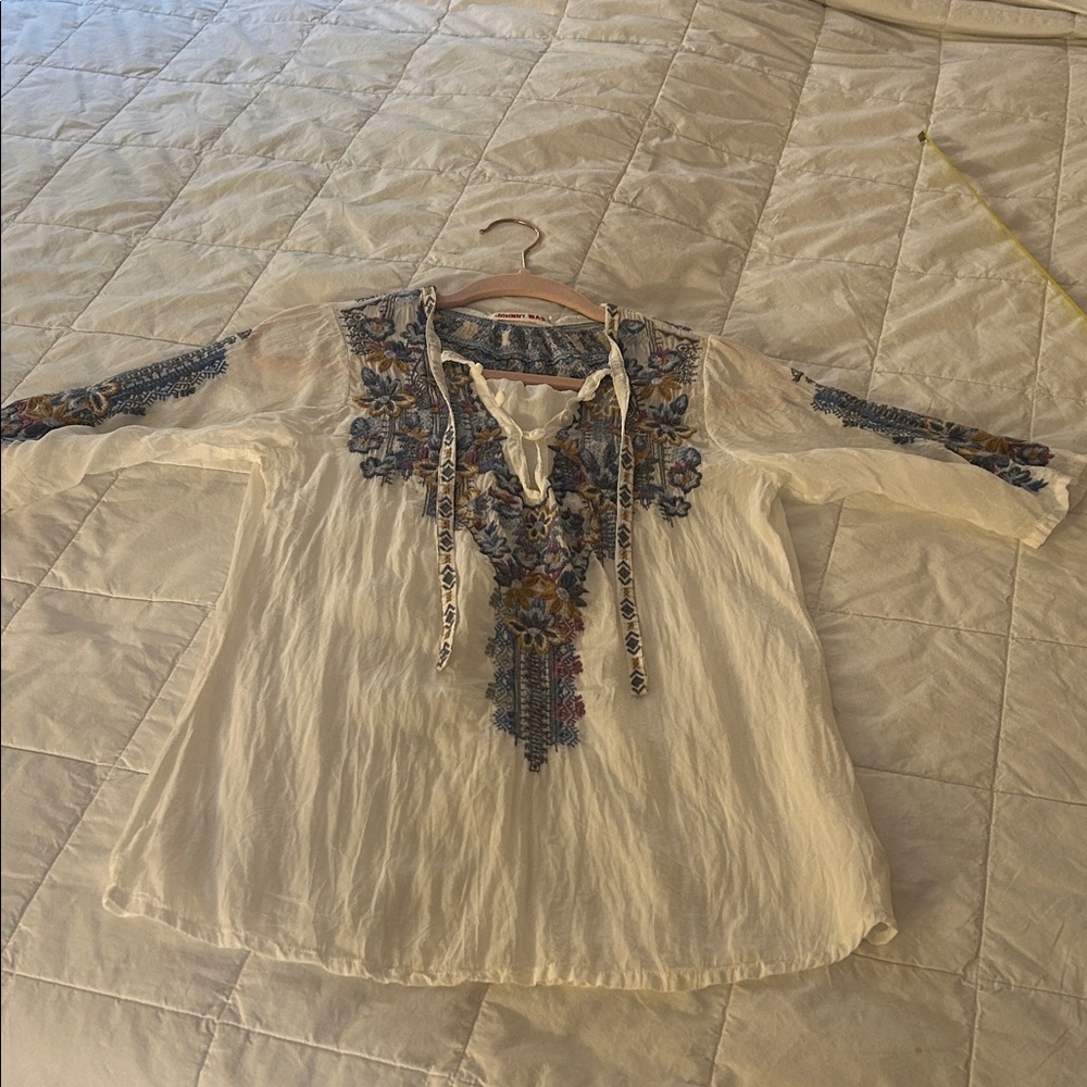 Johnny Was White Blouse with Blue Embroidery
